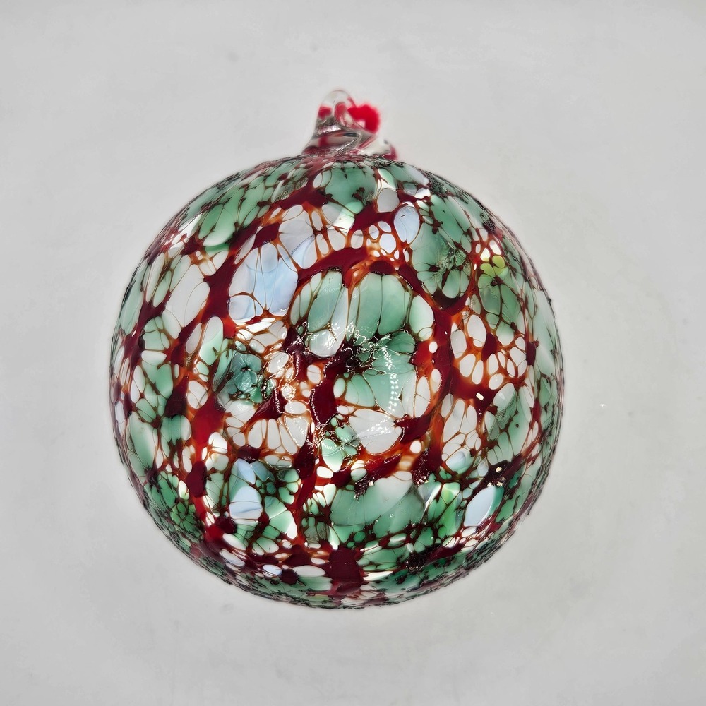 VTG Hand Blown Art Glass Christmas Ornament Green Red White Spatter Swirl Ball